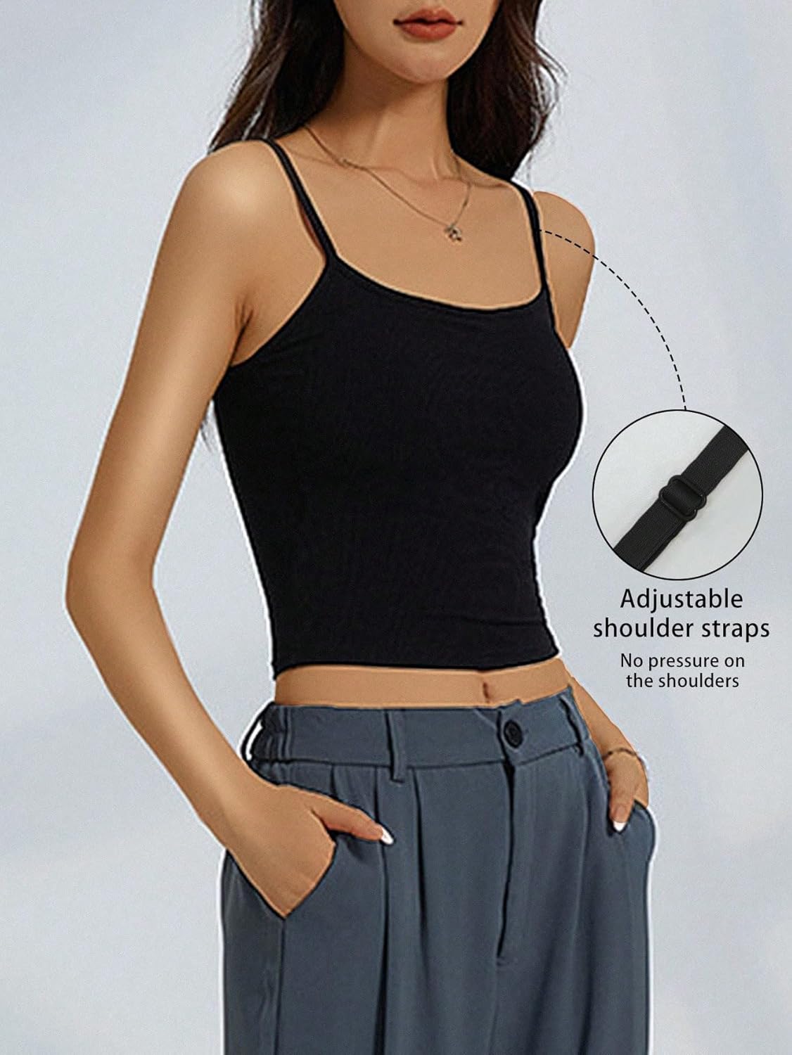 WDIRARA Women's 3 Pack Cami Crop Top Built in Bra Spaghetti Strap Camisole Tops - Image 2