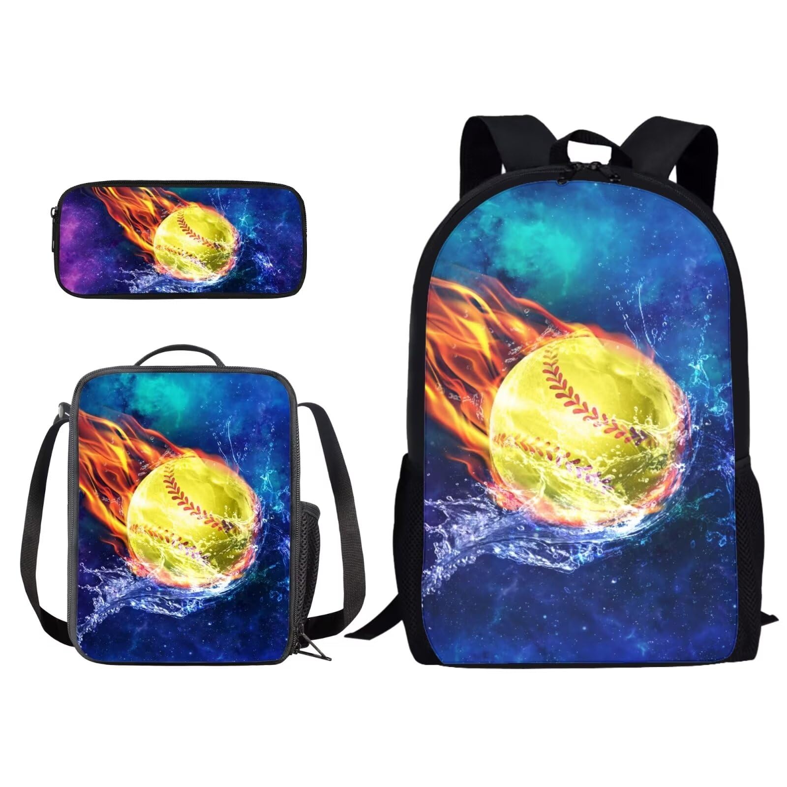 Suobstales Galaxy Softball Print Backpack with Lunch Bags and Pencil Case Set of 3 Fire Water Design School Bags for Kids Girls Boys Teens Large Capacity Schoolbags Rucksack Travel Outdoor Daypack
