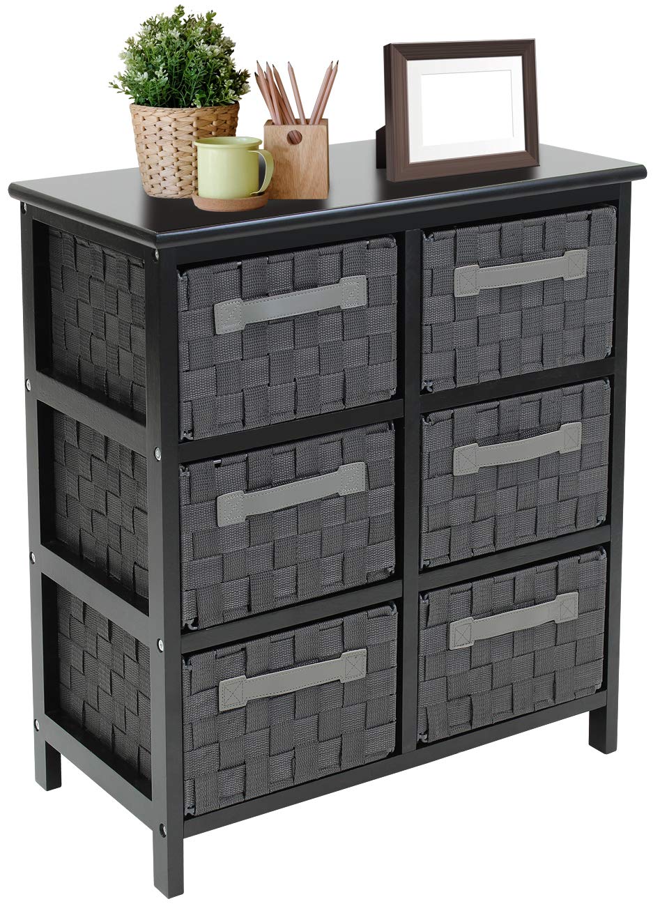 Sorbus 6-Drawer Storage Wooden Chest Nightstand End Table with Woven-Strap Fabric Basket Bins Drawers, Great Storage Solution for Home, Bedroom, Closet, Bathroom Organization Décor (6-Drawer, Gray)