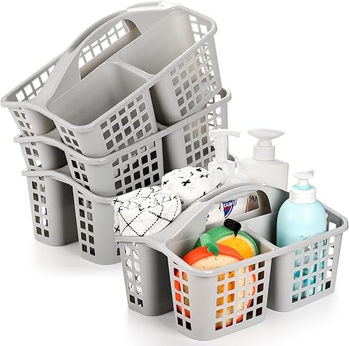 Miniatura 7 de Lawei Paquete de 4 cestas de plástico para ducha con compartimentos, organizador portátil de suministros de limpieza con asa, organizador de