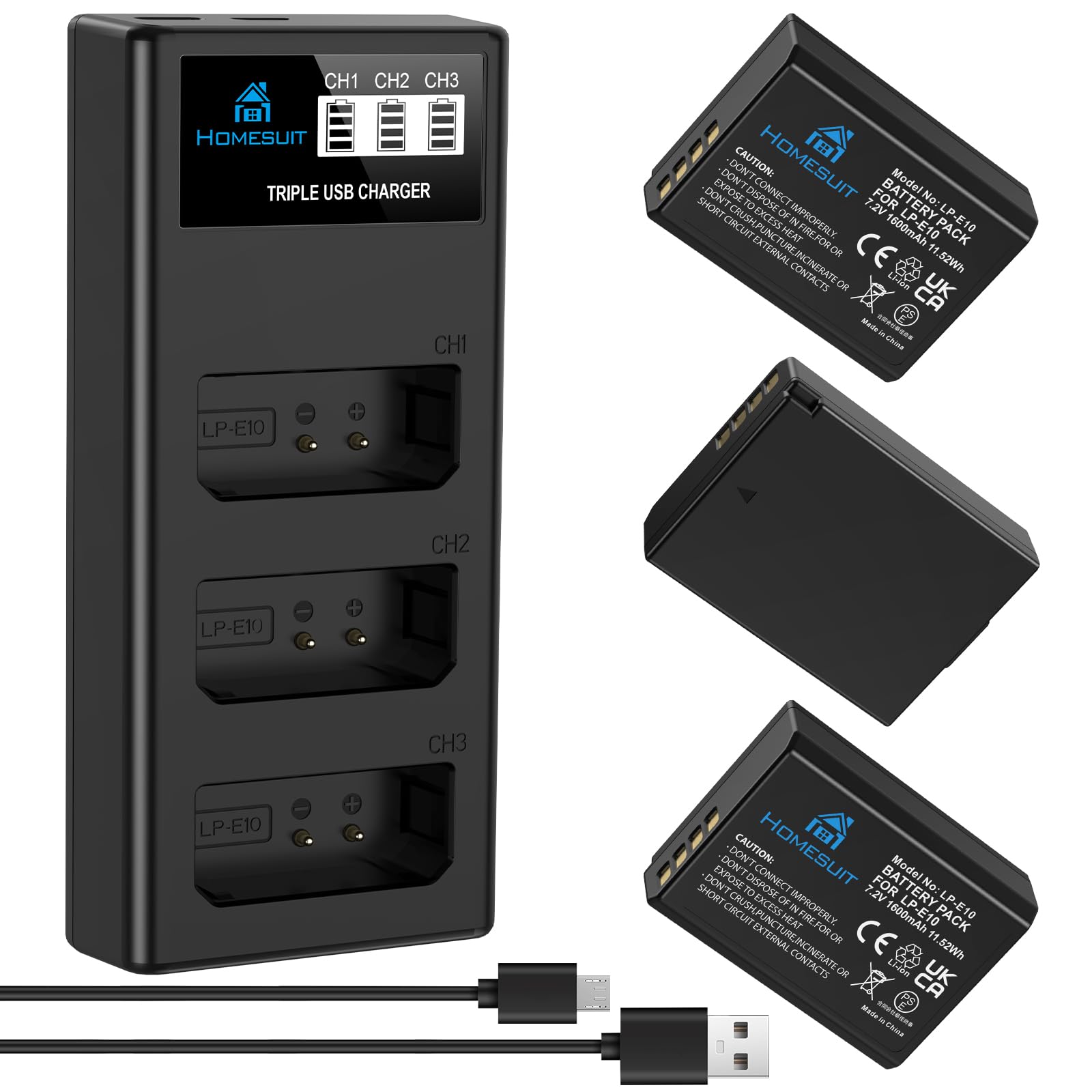 Homesuit LP-E10 - Batteria da 1600 mAh e 3 slot LCD, per Canon EOS 1100D, 1200D, 1300D, 1500D, 2000D, 3000D, EOS Rebel T3, T5, T6, T7, T100, Kiss X50, Kiss X70, Kiss X80 Fotocamera (confezione da 3) )
