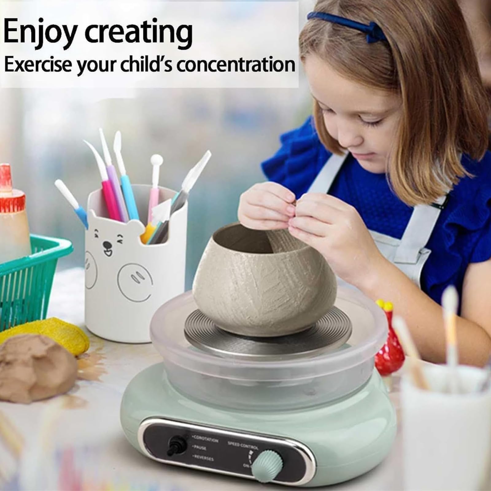 Rueda de Alfarero Eléctrica, Mini Torno de Alfarero con Set de Herramientas de Arcilla, Máquina de Modelado de Cerámica para Niños y Adultos, Kit de Cerámica DIY para Principiantes (Verde)