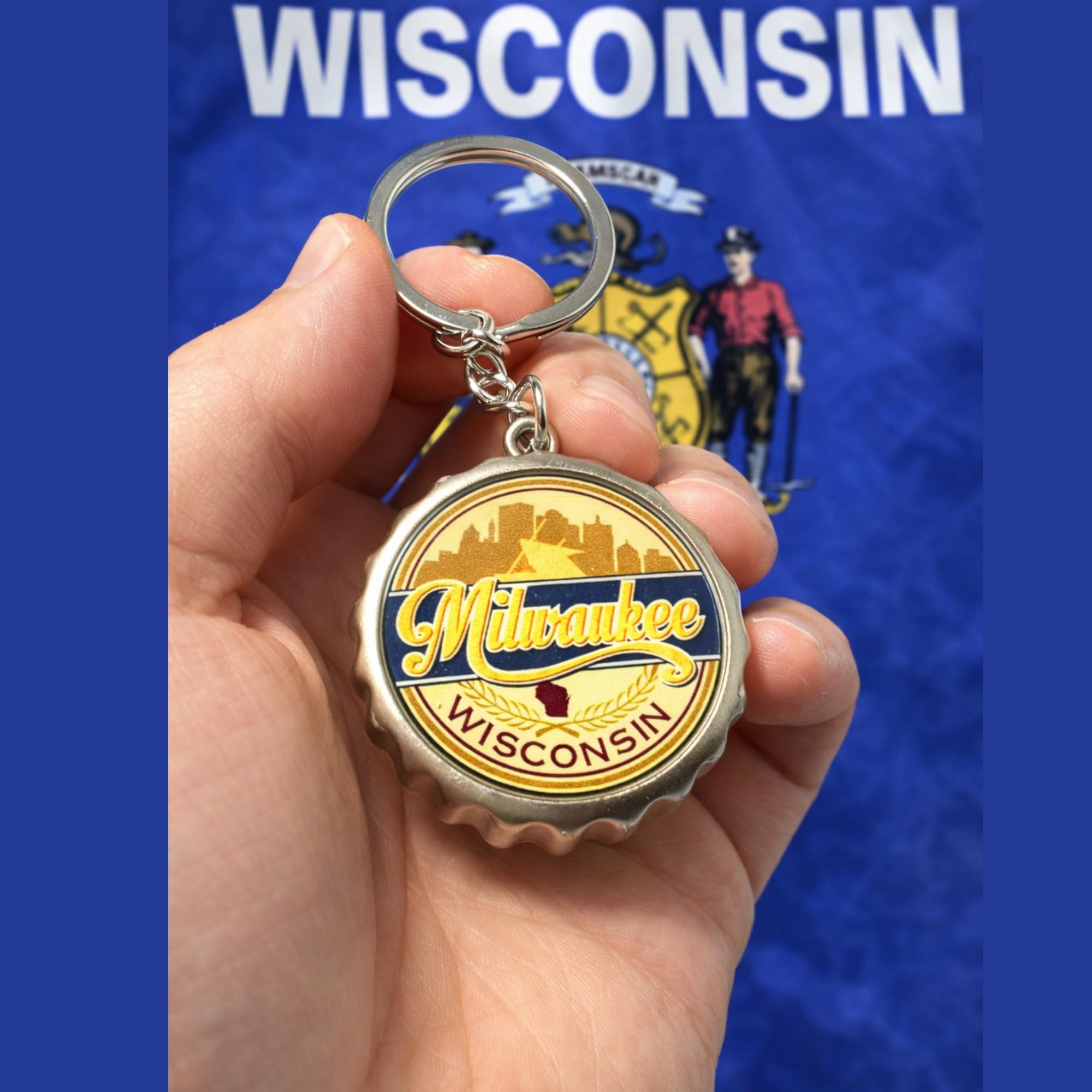 Milwaukee Keychain Metal Opener Wisconsin Vacation Souvenir Key Ring with Bottle Cap Skyline Design