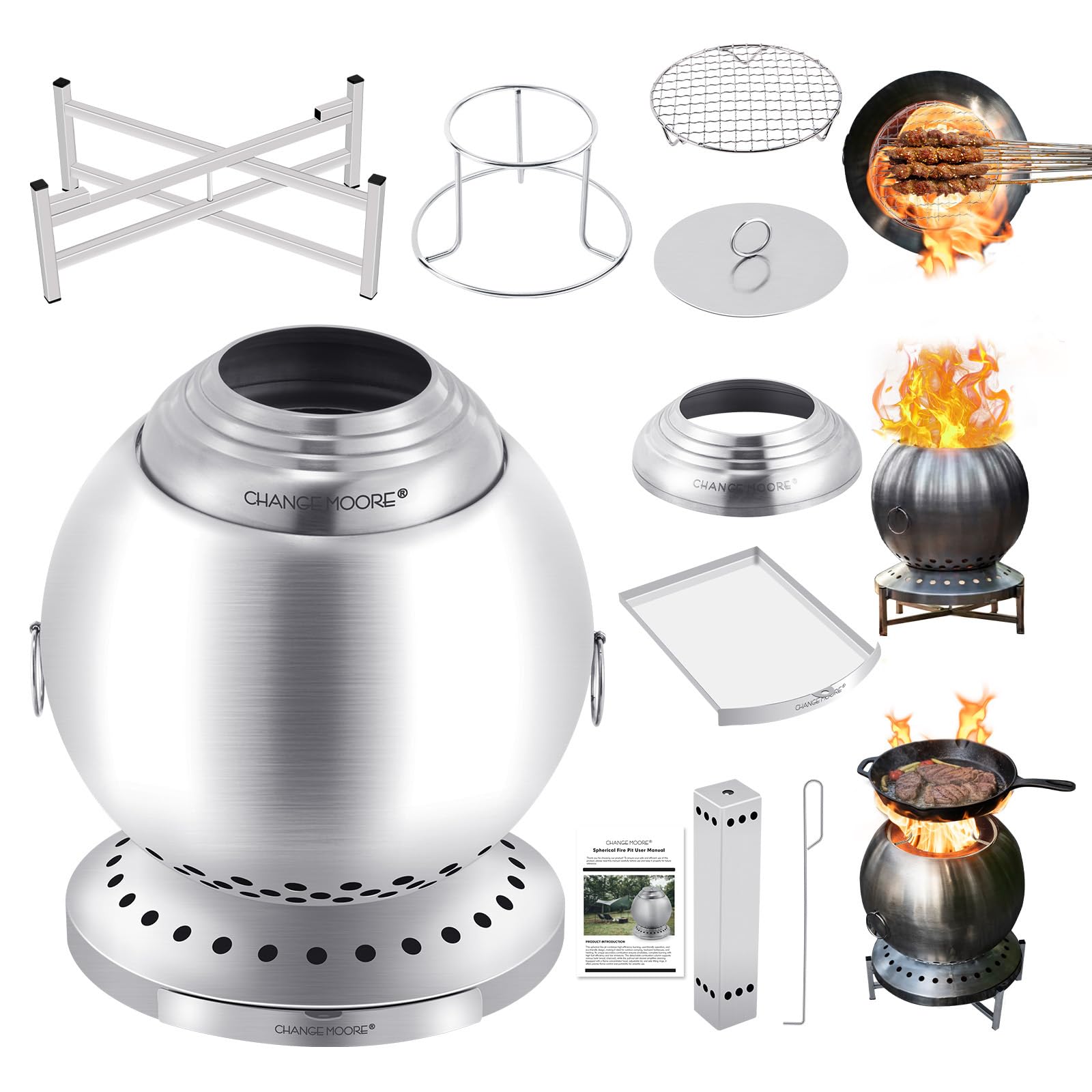 CHANGEMOORE Smokeless Fire Pit Set, Triple Combustion Stainless Steel Fire Pit with Wood Gasification Technology 360° Airflow, 150% Efficiency Portable Table Top Fire for Garden Camping
