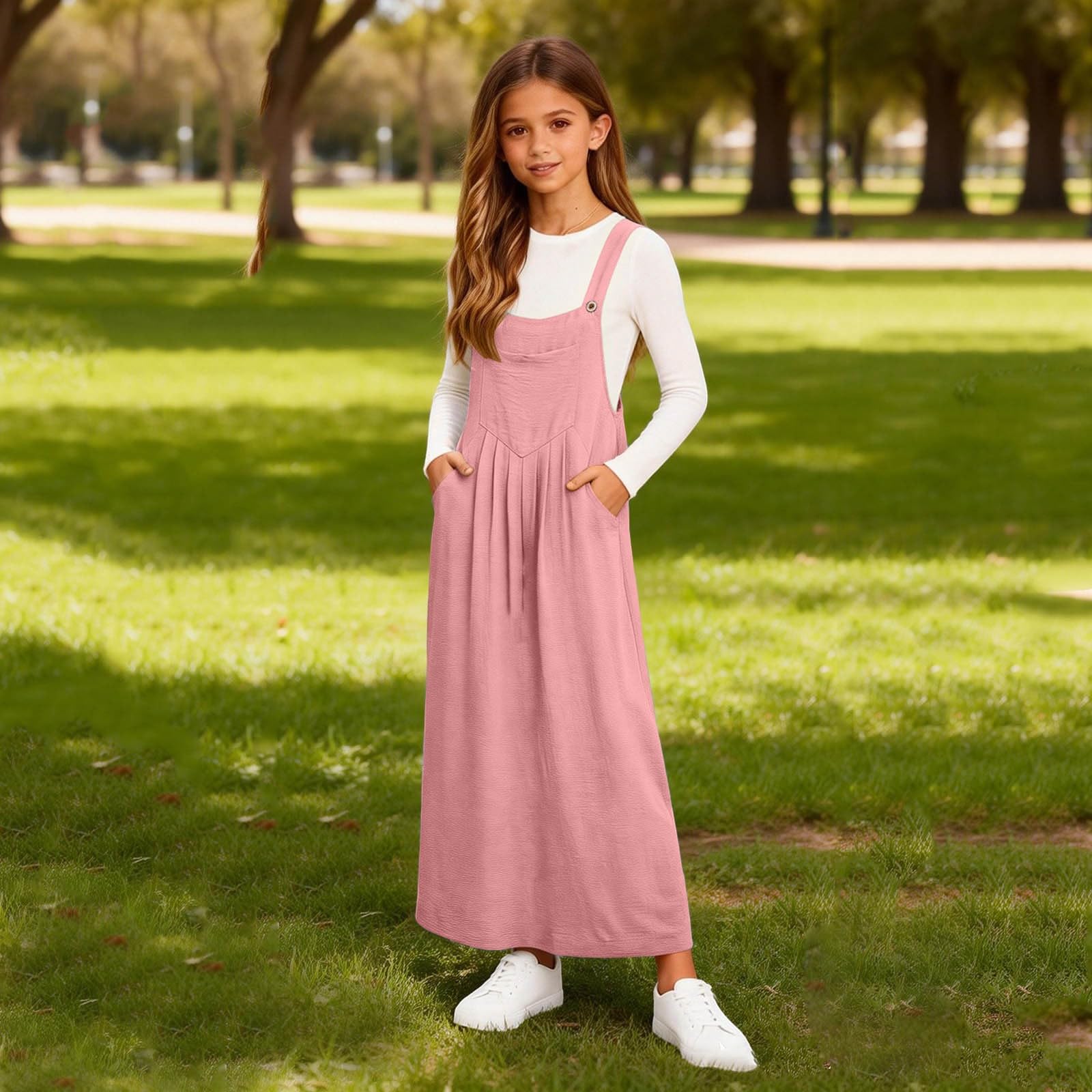 Mädchen-Overall, Sommer, ärmellos, lässig, Maxikleid, Kinder, Strand, Urlaub, Sommerkleid, weich, bequem, Schulkleid mit Taschen