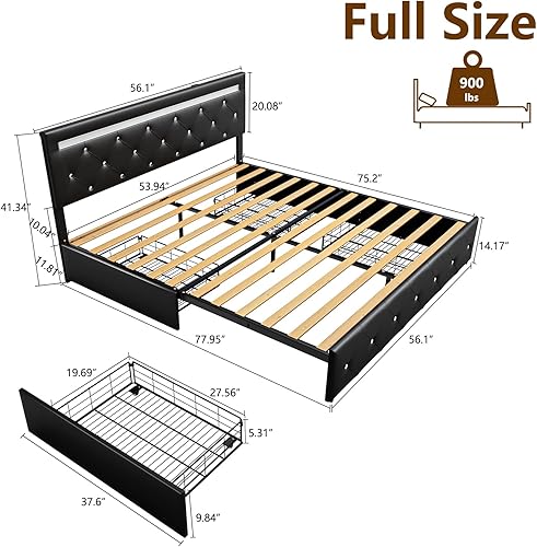 Miniatura 2 de Base de cama de tamaño completo con 4 cajones y estación de carga, cama tapizada de cuero PU con cabecera LED ajustable, soporte de listones de Negro