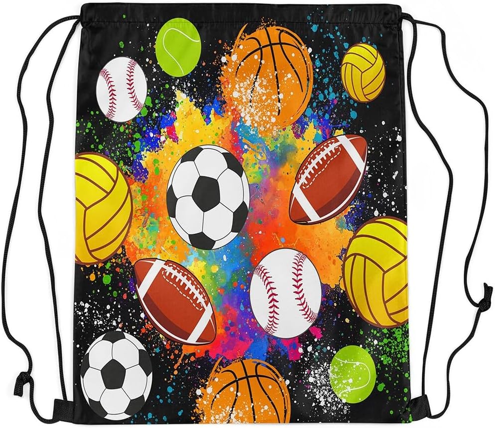 jejeloiu Football Gym String Bag 13"x15.7" Basketball Drawstring Backpack Decor Baseball Soccer Ball Game Gift Ball Lover Drawstring Bags Gaming Sports Colorful Waterproof Cinch Bag