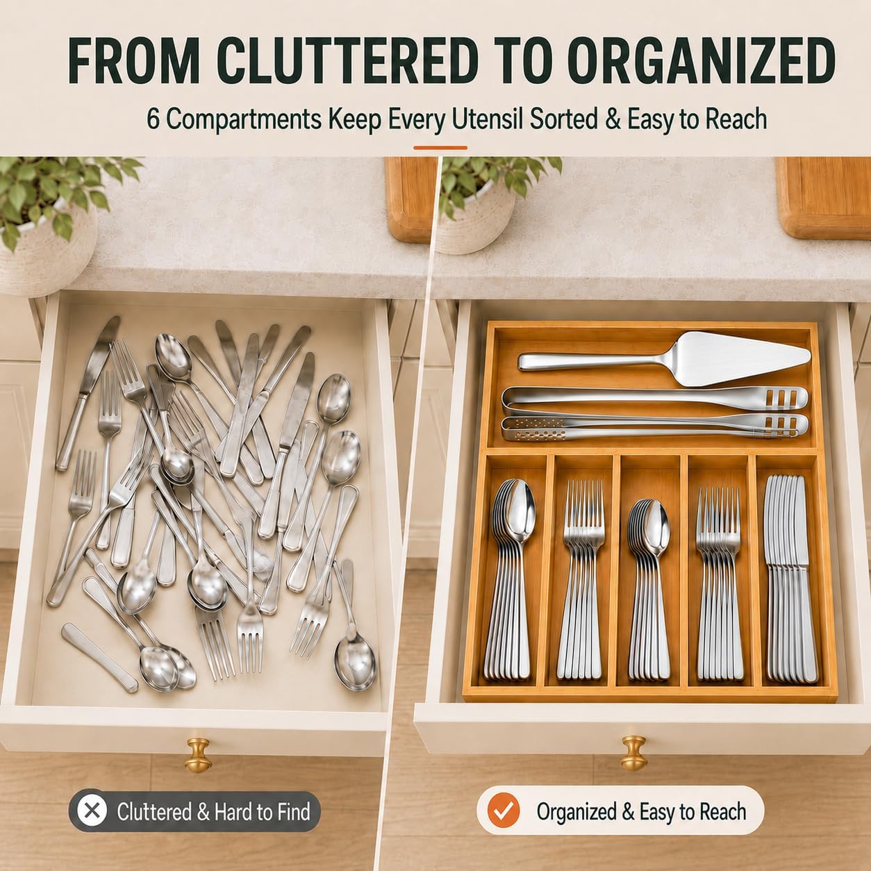 43-Piece Silverware Set with Drawer Organizer, Stainless Steel Flatware Set for 8 with Salad Tongs & Cake Pizza Server, Large 6-Compartment Bamboo Organizer and Cleaning Brush, Kitchen Utensil Set