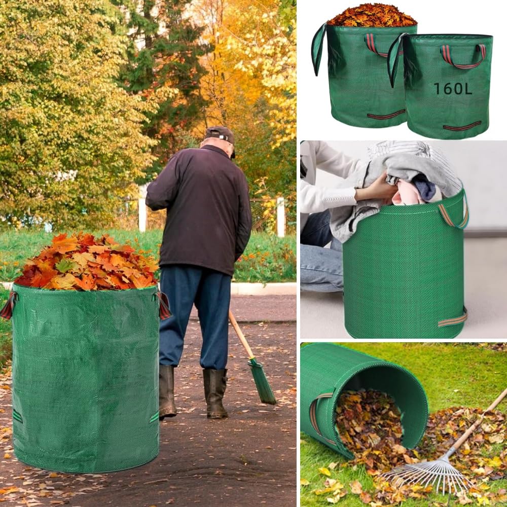 2 Sacchi Giardinaggio 160L con Coperchio a Zip, Pieghevoli con 4 Maniglie Antistrappo, Riutilizzabili e Impermeabili per Raccogliere Foglie, Erba e Rifiuti da Giardino