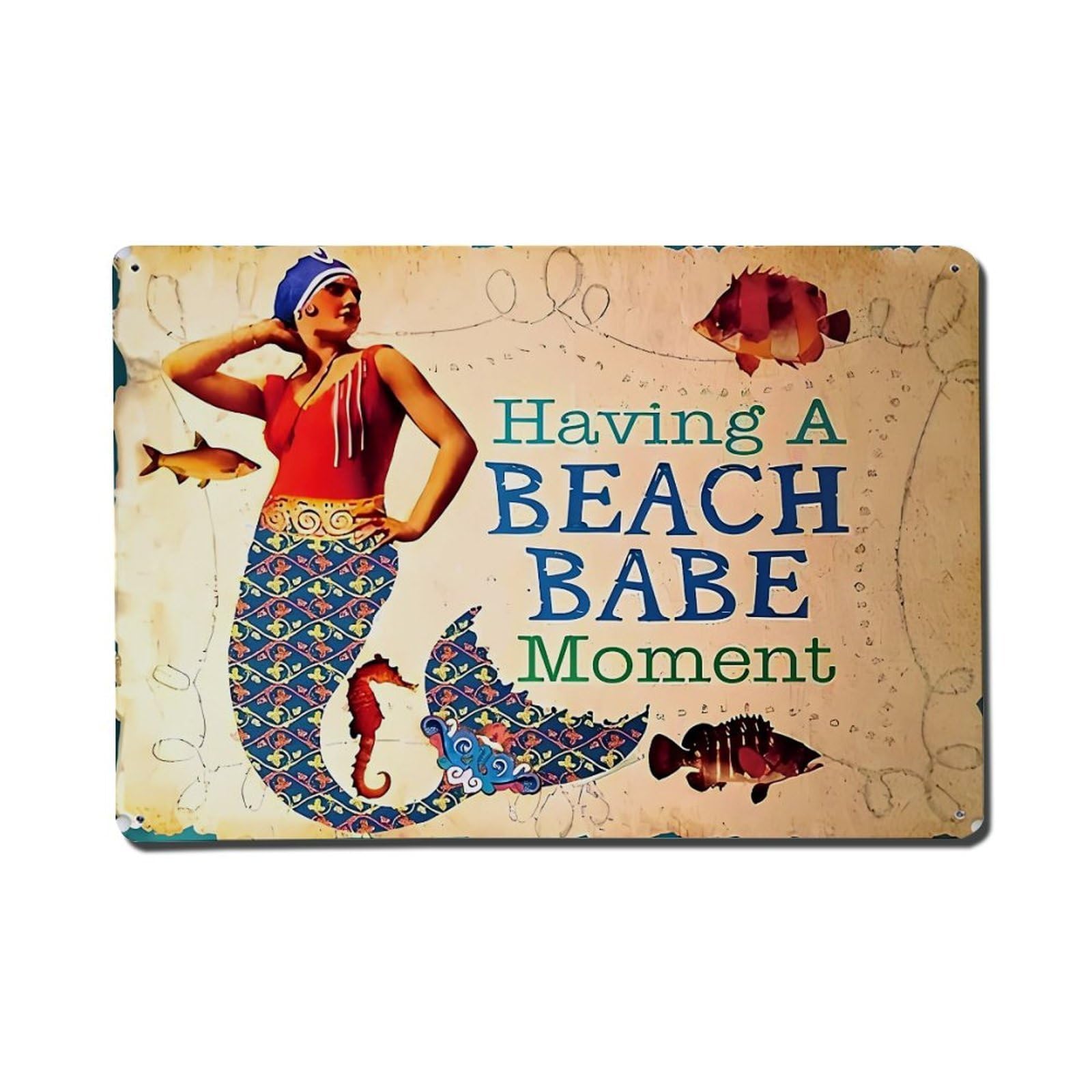 Jdfenggu Vintage Having A Beach Babe Moment Retro Metal Tin Sign, Metal Poster For Bar, Home, Man Cave, Kitchen, Laundry Room Art Decor 8X12 Inch