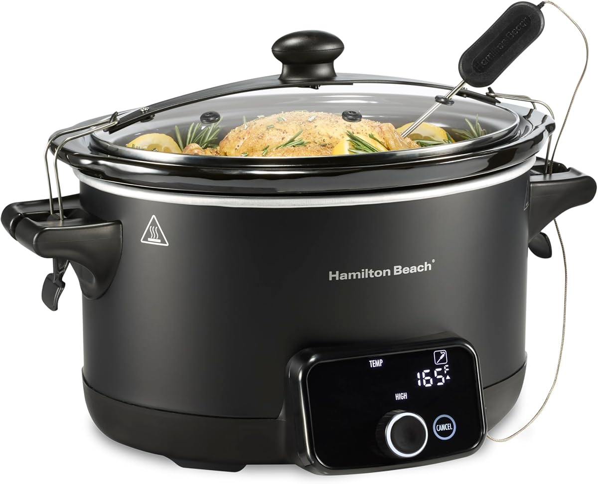 Portable Ready, Set, Dinner 6 Quart Programmable Slow Cooker | Temperature Probe & Defrost Function | Clip-Tight Lid For Easy Travel | Dishwasher-Safe Stoneware Crock | Matte Black | 33868