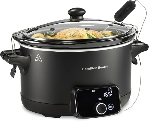 Hamilton Beach Portable Ready, Set, Dinner 6 Quart Programmable Slow Cooker | Temperature Probe & Defrost Function | Clip-Tight Lid For Easy Travel | Dishwasher-Safe Stoneware Crock | Matte Black | 33868