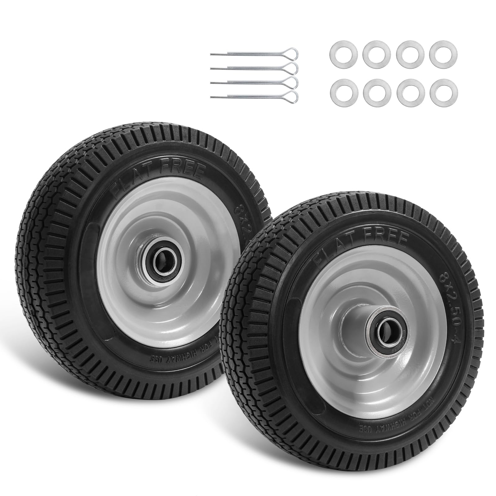 LTNICER (2 Pack) 8-Inch Flat-Free Tires Replacement - 2.50-4" Solid PU Run-Flat Design, Heavy-Duty for Gorilla Carts, Yard Tractors, Wagons - Replacement Tires with 5/8" Bearings & 2.25" Offset Hub