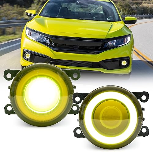 JDM - Conjunto de lámpara antiniebla LED estilo repuesto para Honda 2016-2021 Civic 15-20 Fit 13-15 Accord19-20 HRV LED amarillo Halo DRL lámparas