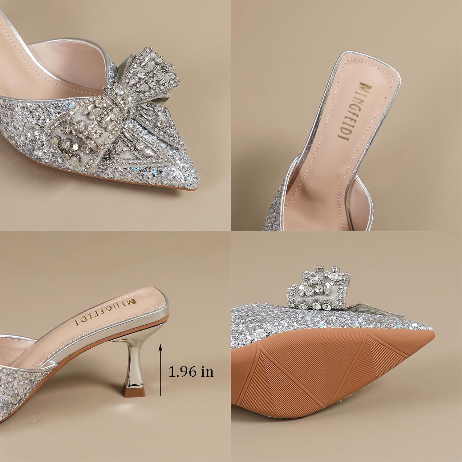 Women's Rhinestone Bow Glitter Kitten Heel Mules Closed Pointed Toe Fashion Backless Slip On Sparkly Stiletto Heeled Sandals for Wedding Bridal Party Dress - Image 4