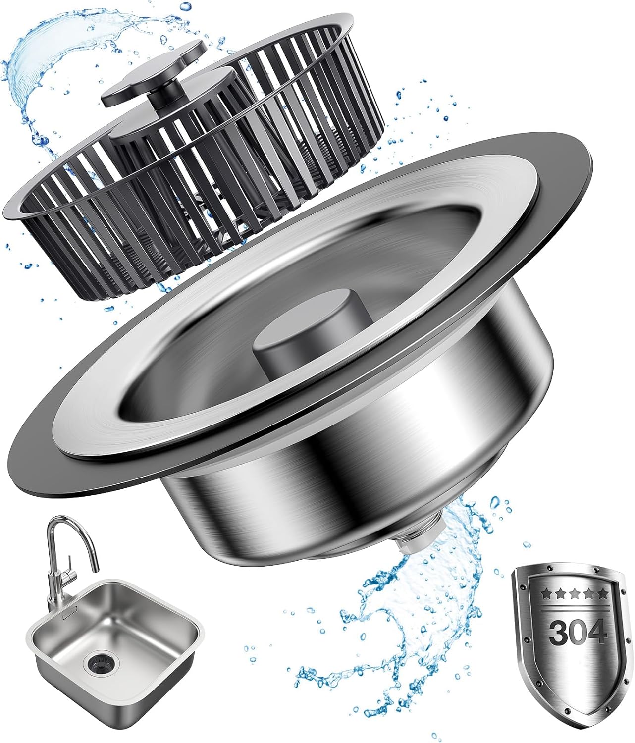 Sink Drain Strainer, Flaviao 3 in 1 Kitchen Sink Drain Strainer and Stopper Combo Upgraded 304 Stainless Steel Pop-up Anti-Clogging Sink Drain Stopper for US Standard 3-1/2 Inch Drain