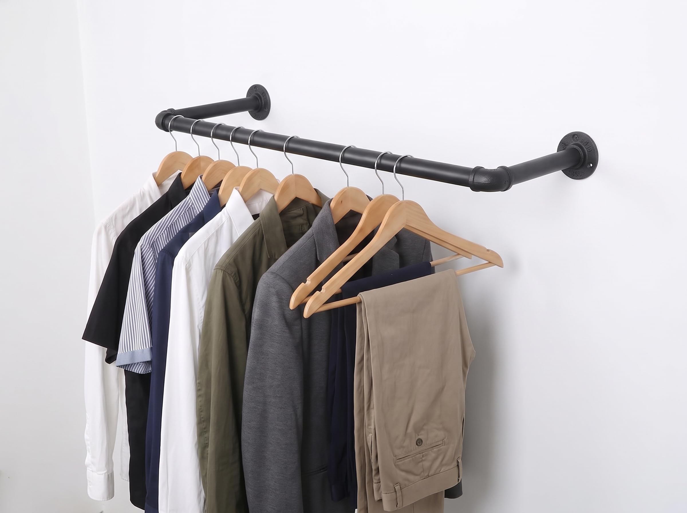 Suyak Industrial Pipe Clothing Rail Wall Mounted, Heavy Duty Black Metal Garment Rack, Space-Saving Hanging Clothes Rod for Bedroom, Laundry, Retail & Closet (65 cm)