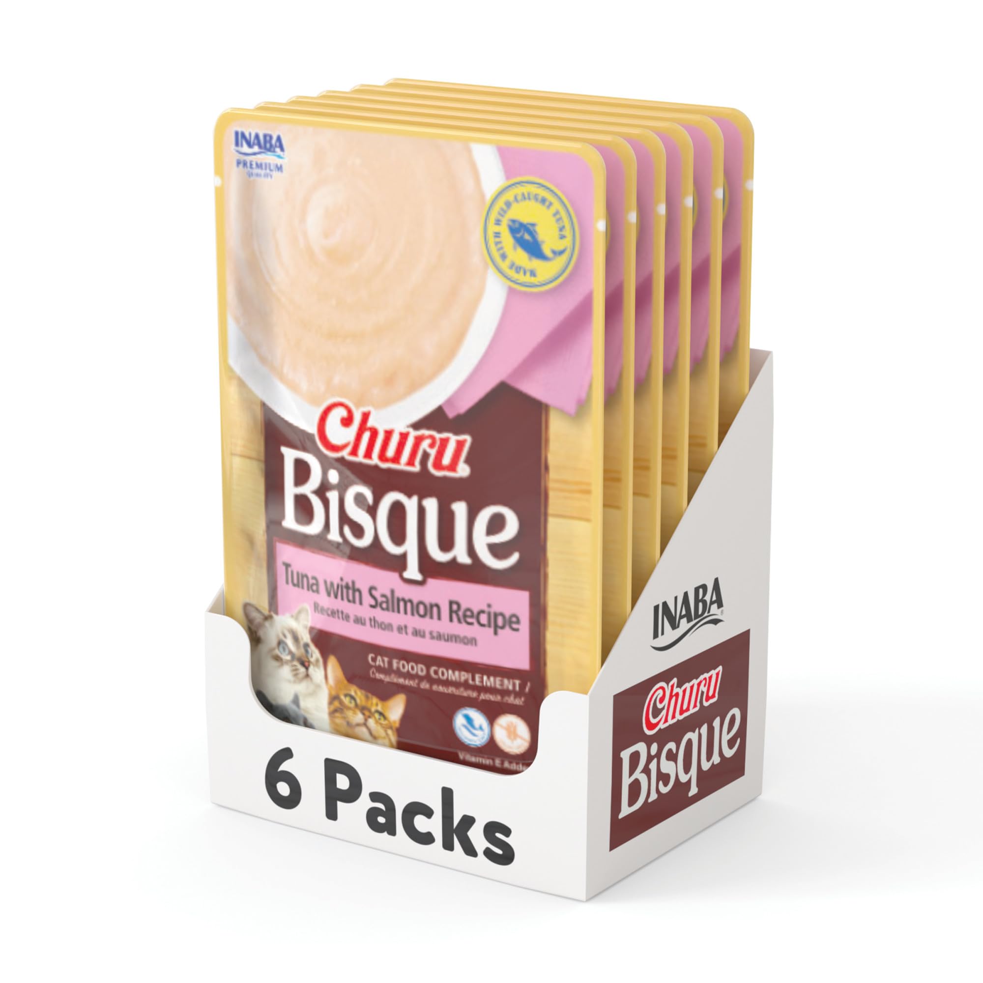 INABA Churu Bisque Lickable Treats for Cats, Creamy Purée Bisque with Vitamin E & Green Tea Extract, 1.4 Ounces per Pouch, 6 Pouches Total, Tuna with Salmon Recipe