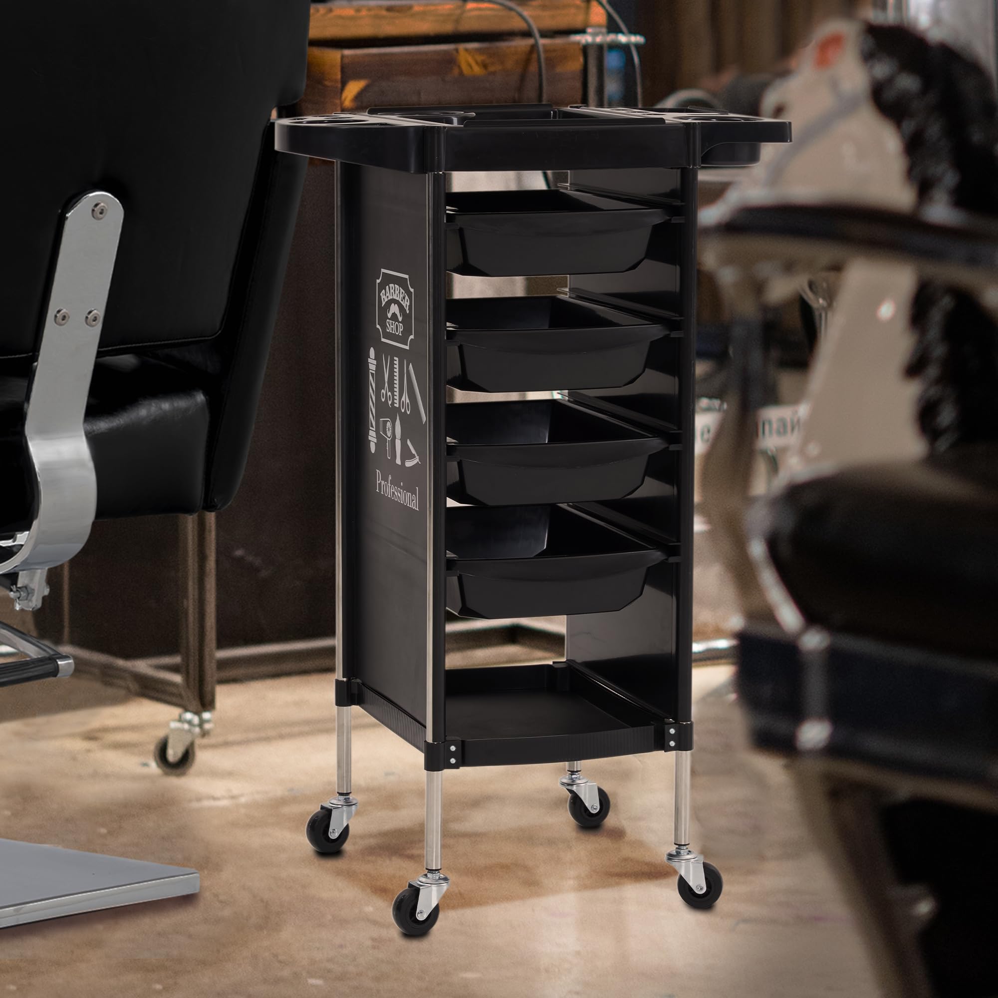 Barberpub Friseurwagen mit 4 Schubladen und Rollen, Drehbar, 36 x 52,5 x 84,5 cm, Schwarz
