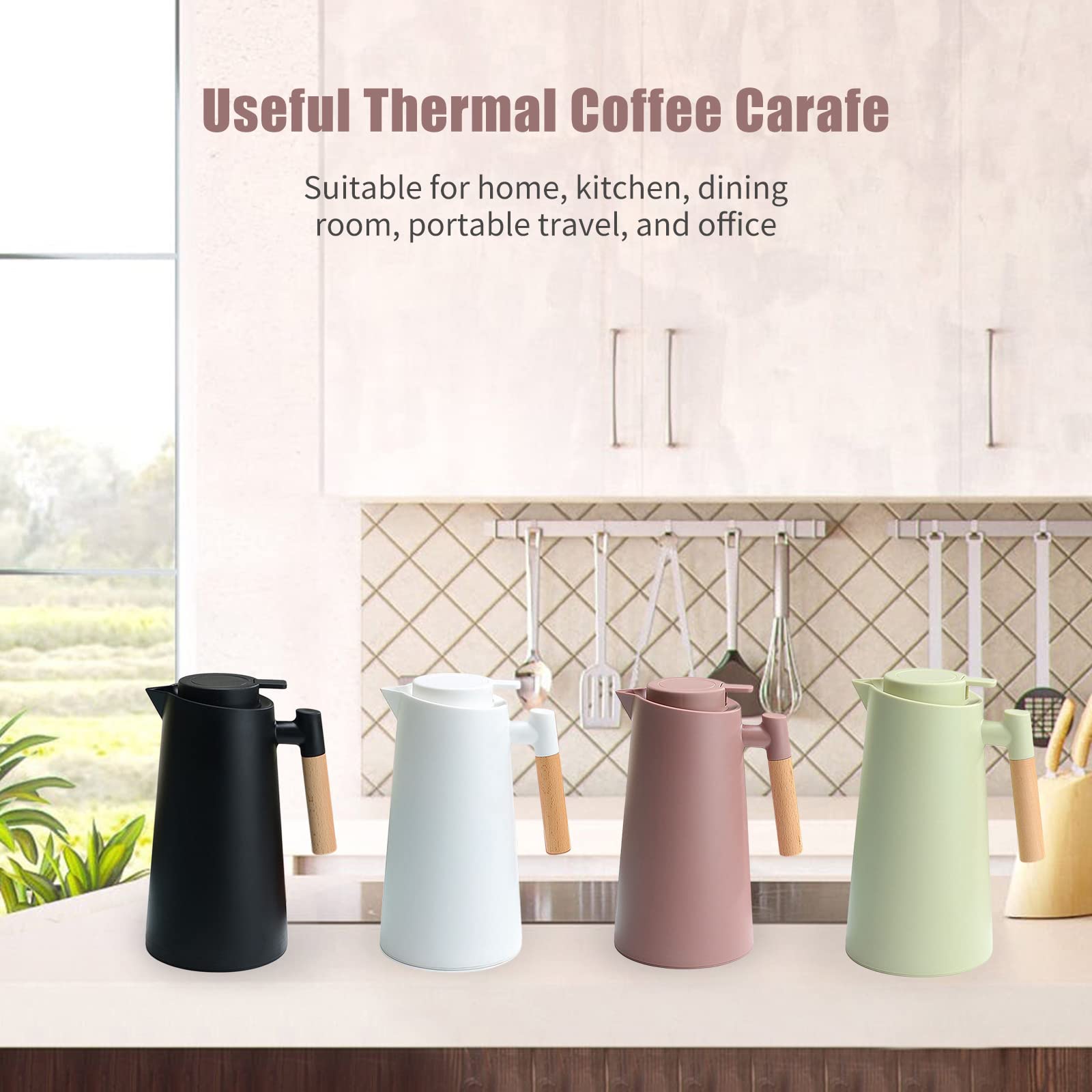 ERYUE 1L Carafe à café thermique Double paroi Thermos Pot avec manche en bois