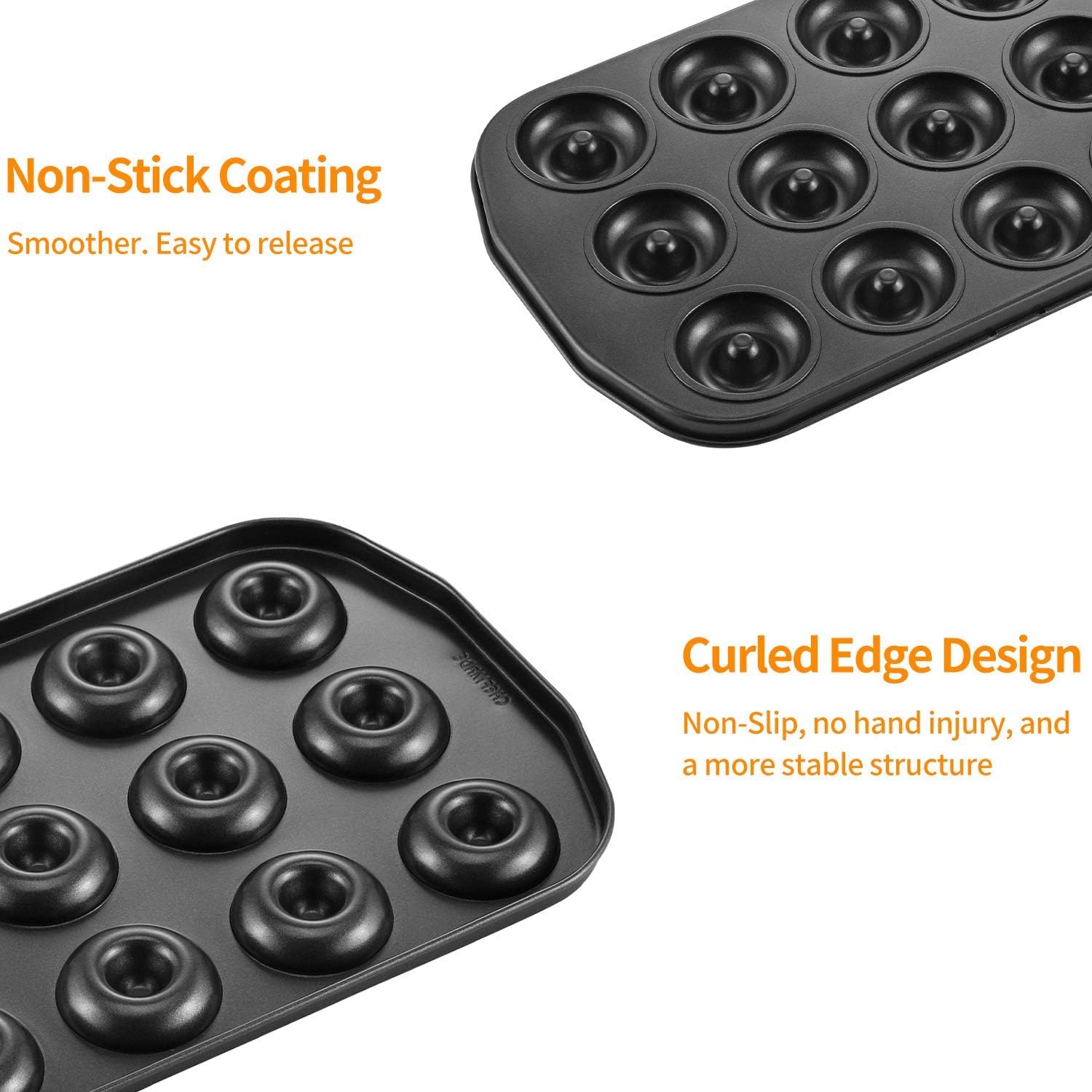 CHEFMADE Mini Donut Baking Pans, Non-Stick 12-Cavity Donut Pan, Carbon Steel Cake Baking Pan - BPA Free Mini Bagel Pan, Oven, Microwave, Freezer Safe