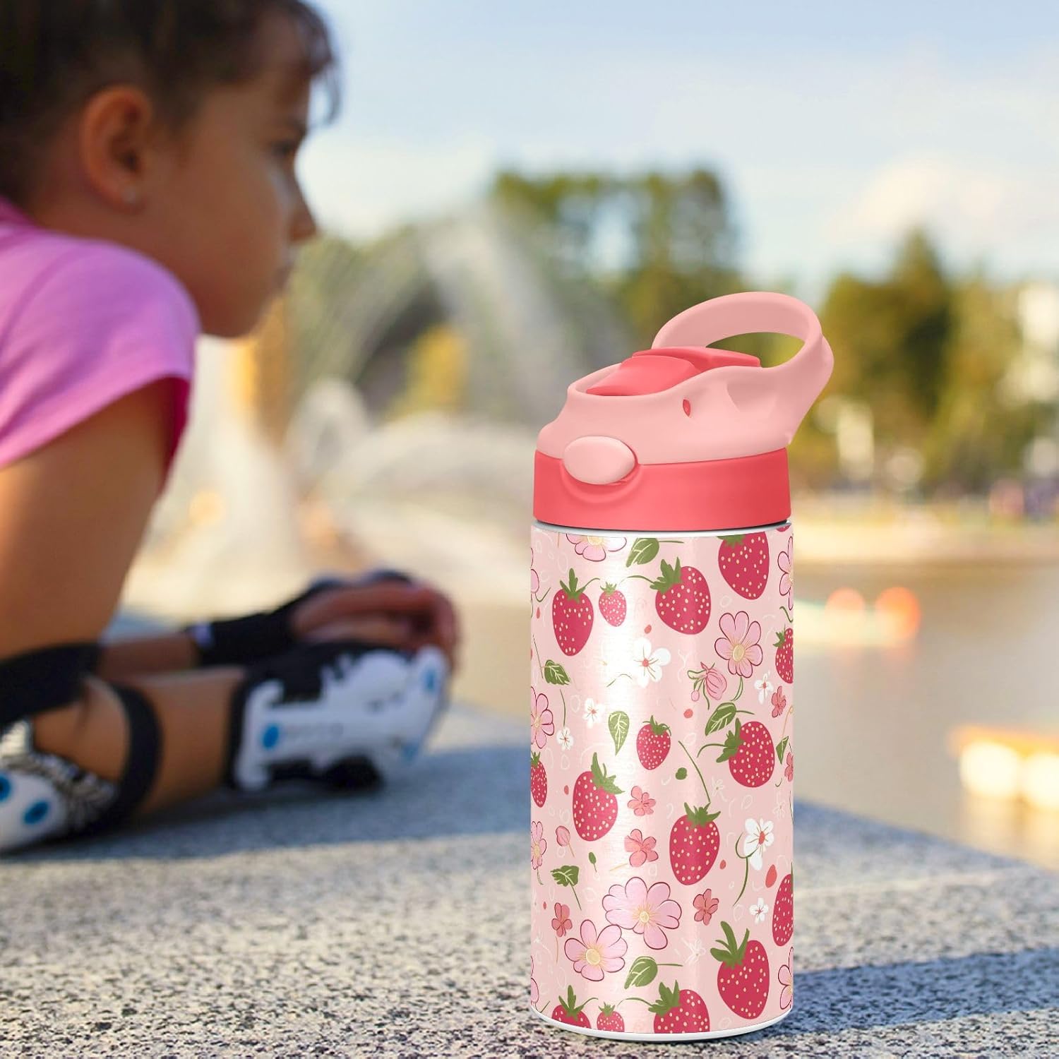 Strawberry Flowers Cute Girls Water Bottle with Straw and Carry Handle Pink Vacuum Insulated Stainless Steel Bottles Leak-Proof for Kids Boys Toddler 12 oz Pink Lid
