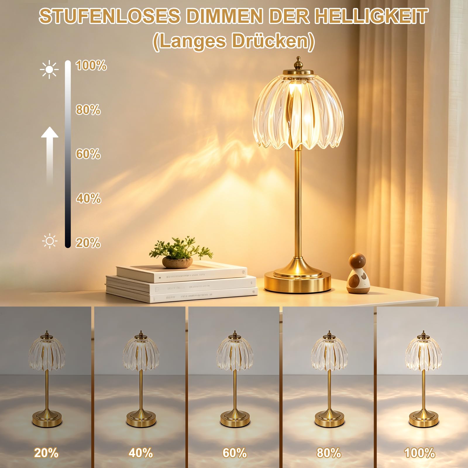 LED Vintage-Nachttischlampe Dimmbar, 3CCT, Kabellos Tischleuchte mit Retro-tulpenförmigen Glasschirm Akku Atmosphäre USB Aufladbar, Touch-Steuerung, kleine Nachtlicht für Schlafzimmer Wohnzimme