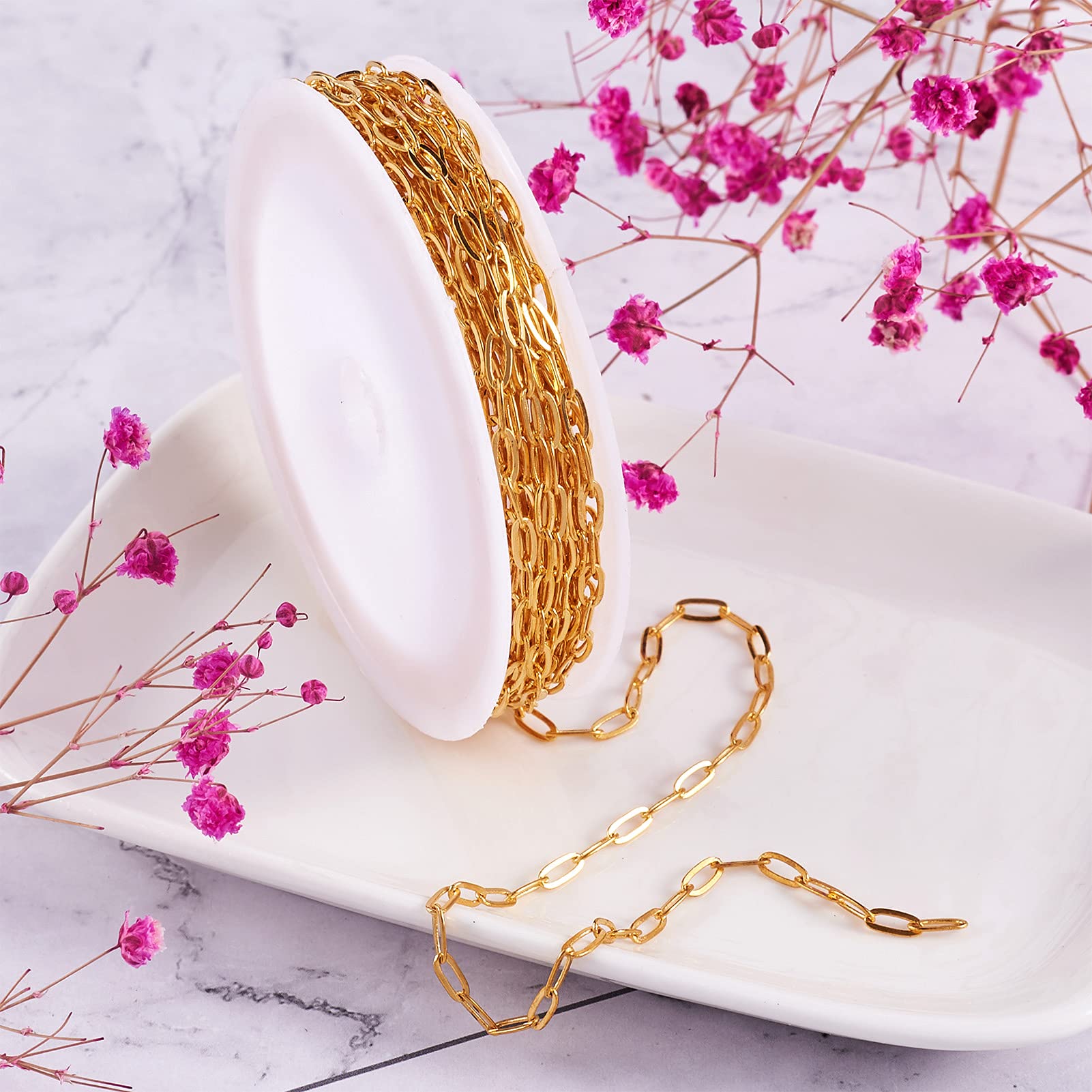 Craftdady Chaînes à Maille Gourmette Ovales Non Soudées En Aluminium Avec Bobine Pour Fabrication De Colliers, Bracelets, Bijoux Doré Clair 5 M