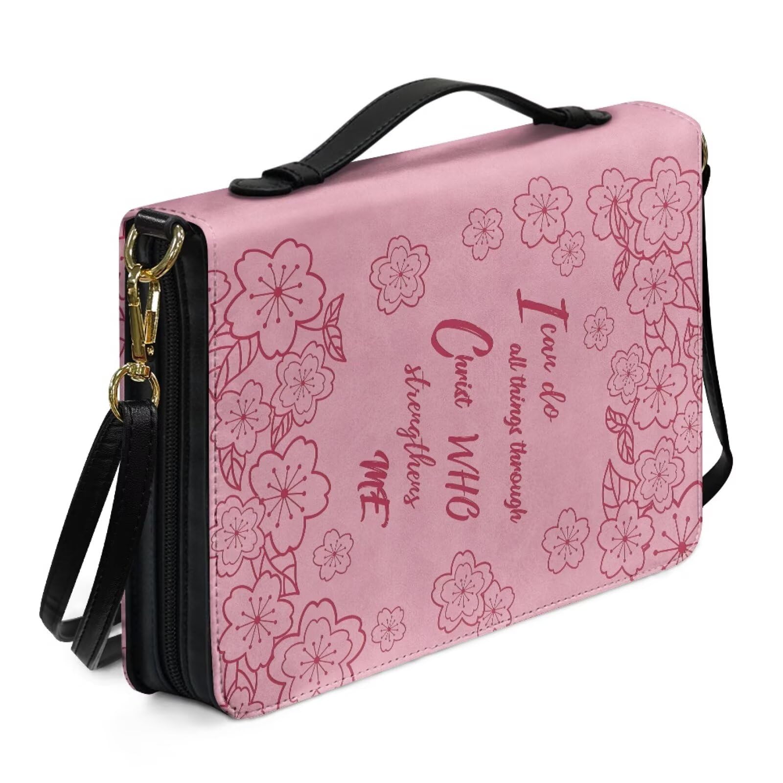 Kuiaobaty Inspired Lord Quote Large Bible Cover with Handle, Pink Floral Carrying Book Case Church Bag Bible Study Carry Bag,2XL