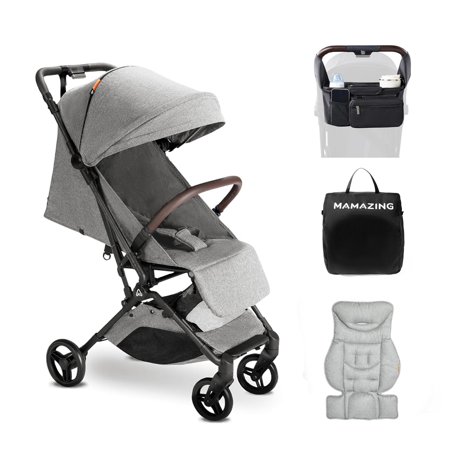MAMAZINGMAMAZING Lightweight Baby Travel Stroller with Carbor Fiber Frame, Compact & Airplane-Friendly, One-Handed Folding Design, 11.6 lbs, Perfect for Toddlers, Organizer & Cushion Included, Grey