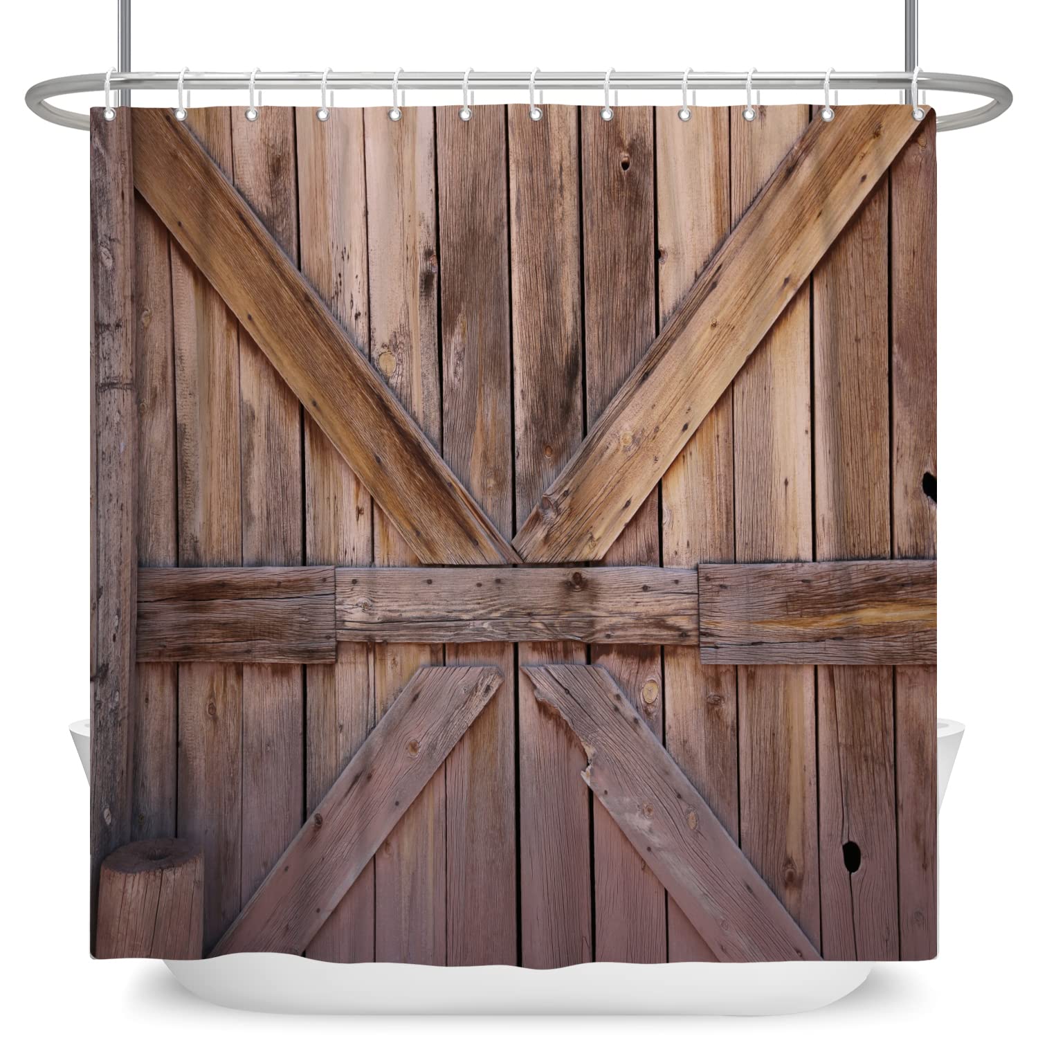 SDOTPMT 175x190cm Wooden Floor Shower Curtain Rustic Brown Old Hardwood Vintage Board Plank Bath Curtain Rural Farmhouse Barn Door Bathtub Curtain for Bathroom Decor Fabric Polyester with Hooks