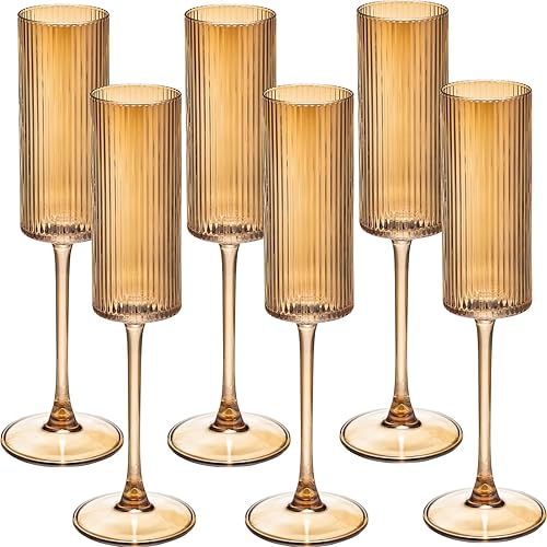 Juego de 6 copas de champán, copas de champán vintage de cristal acanalado soplado a mano de 6 onzas, tallo largo, elegantes copas de vino espumoso,