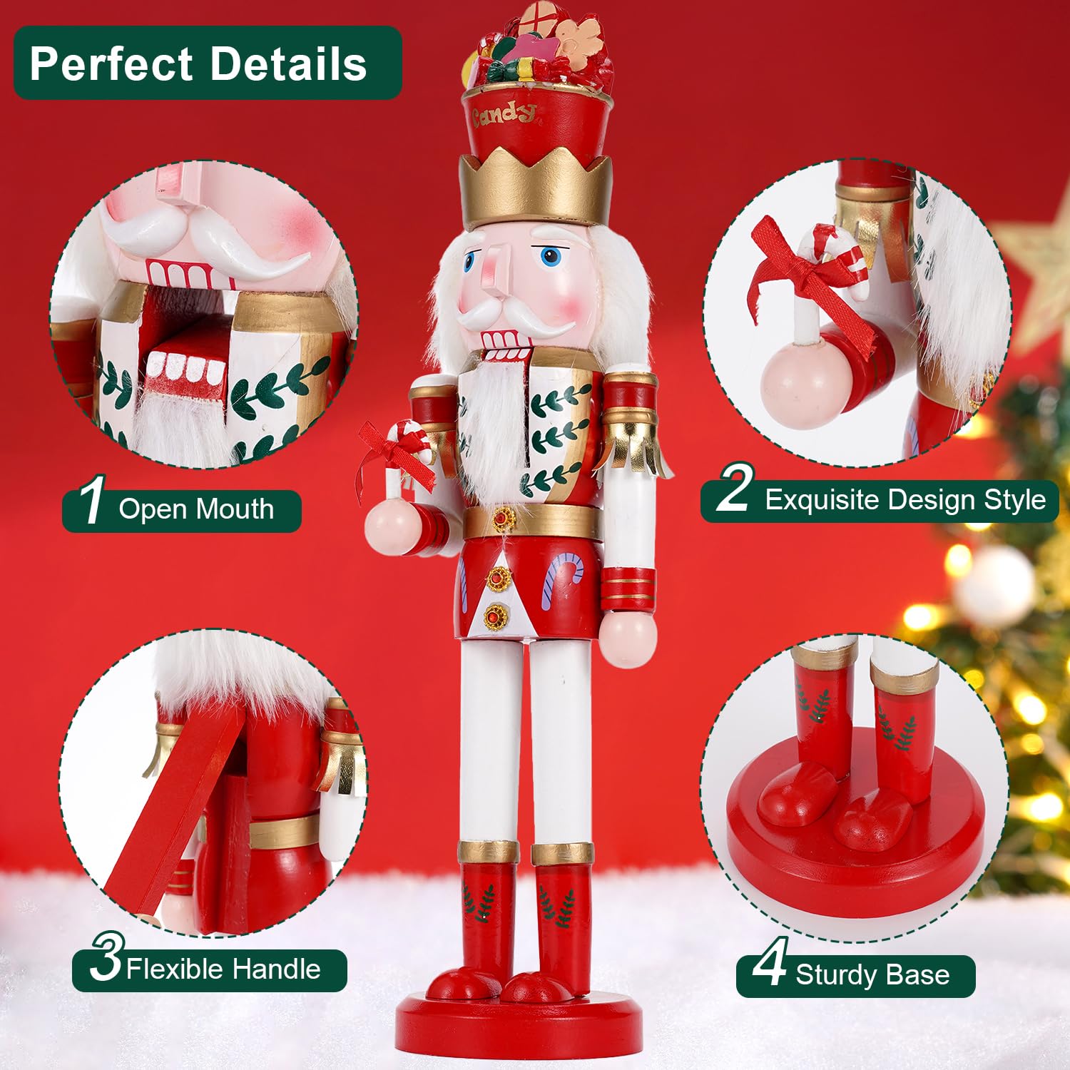 Schiaccianoci gigante da 38 cm (15 pollici) con bastoncino di zucchero e ghiaccio - Figura da collezione in legno - Decorazione natalizia creativa per casa, feste o come regalo (versione