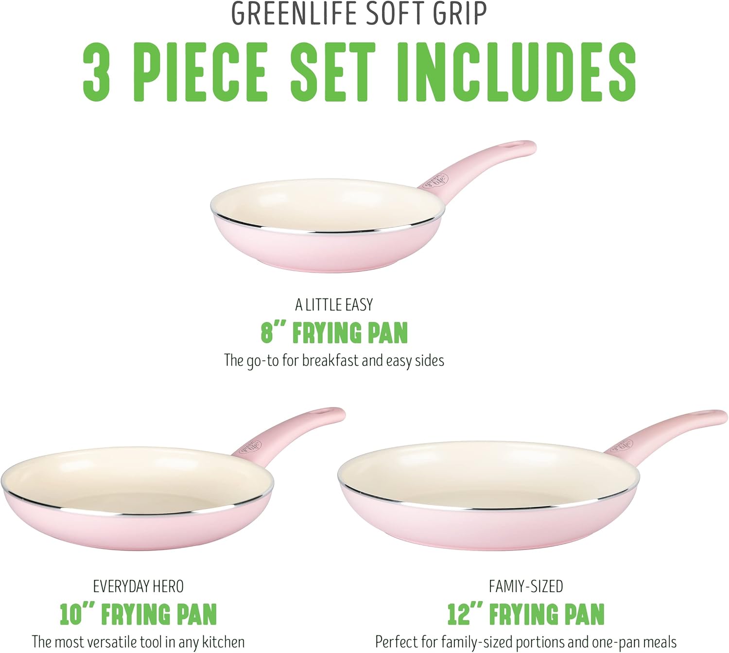 GreenLife Soft Grip Healthy Ceramic Nonstick, 8" 10" and 12" Frying Pan Skillet Set, PFAS-Free, Dishwasher Safe, Soft Pink - Image 4