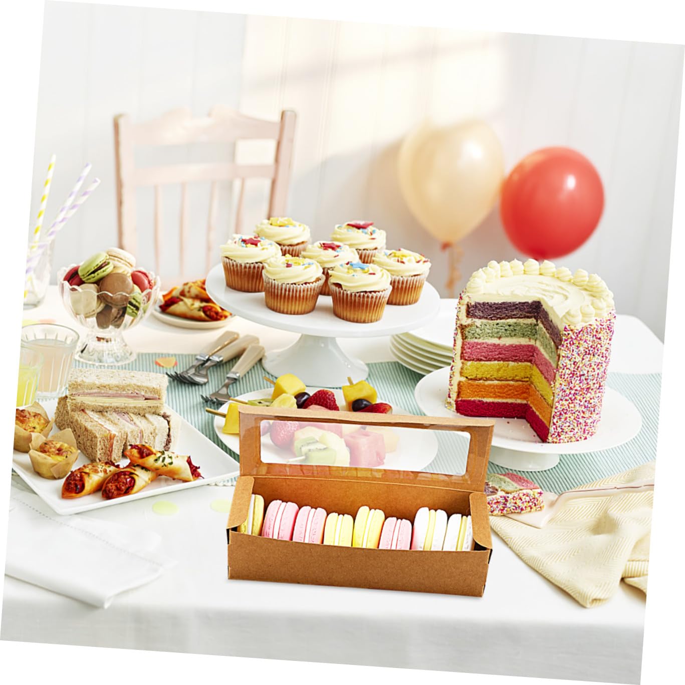 Cajas y Pegatinas de Papel Kraft 50 con Ventana Transparente de Macarons para Macarrones Dulces, Postres y Tienda