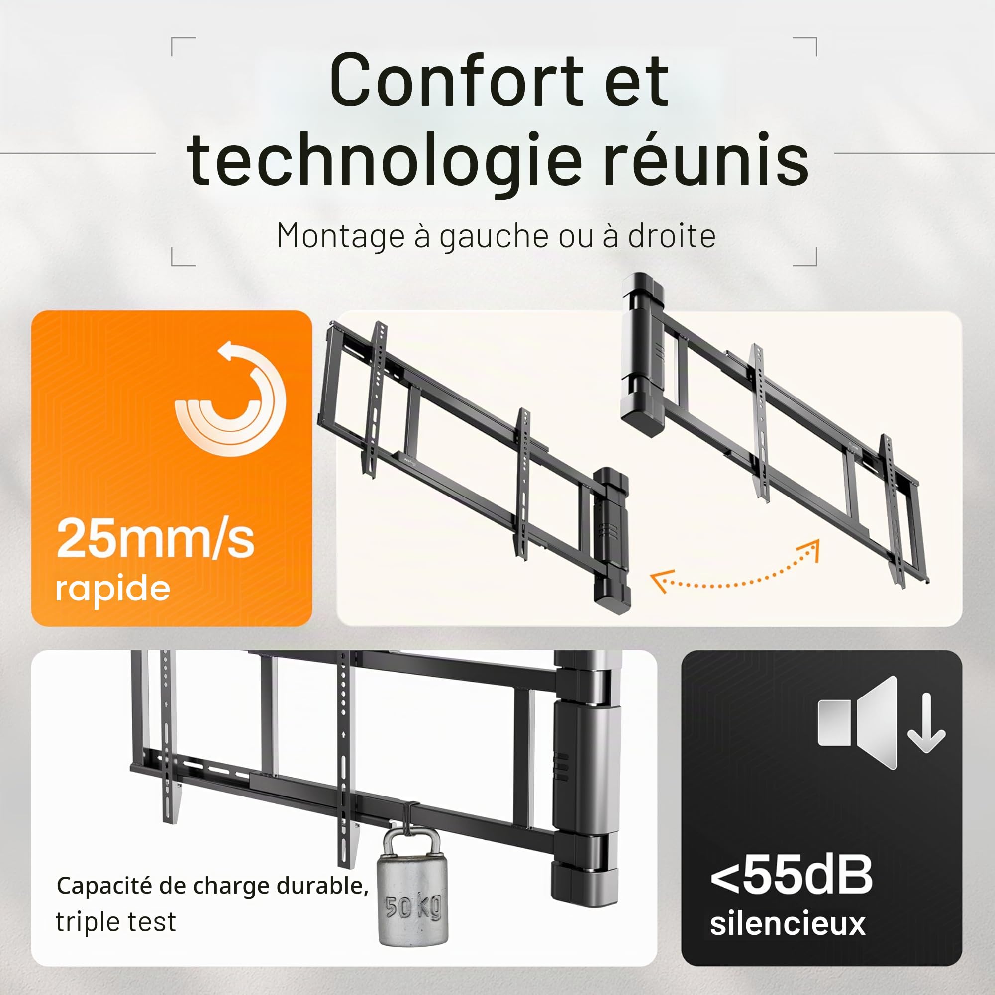 EasyLife Support TV Mural Pivotant électriquement jusqu'à 170°, Support Mural VESA Jusqu'à 600x400 pour LCD/OLED, Téléviseur, Moniteur, écran, Smartboard de 32-75 Pouces & 50kg Max - Noir