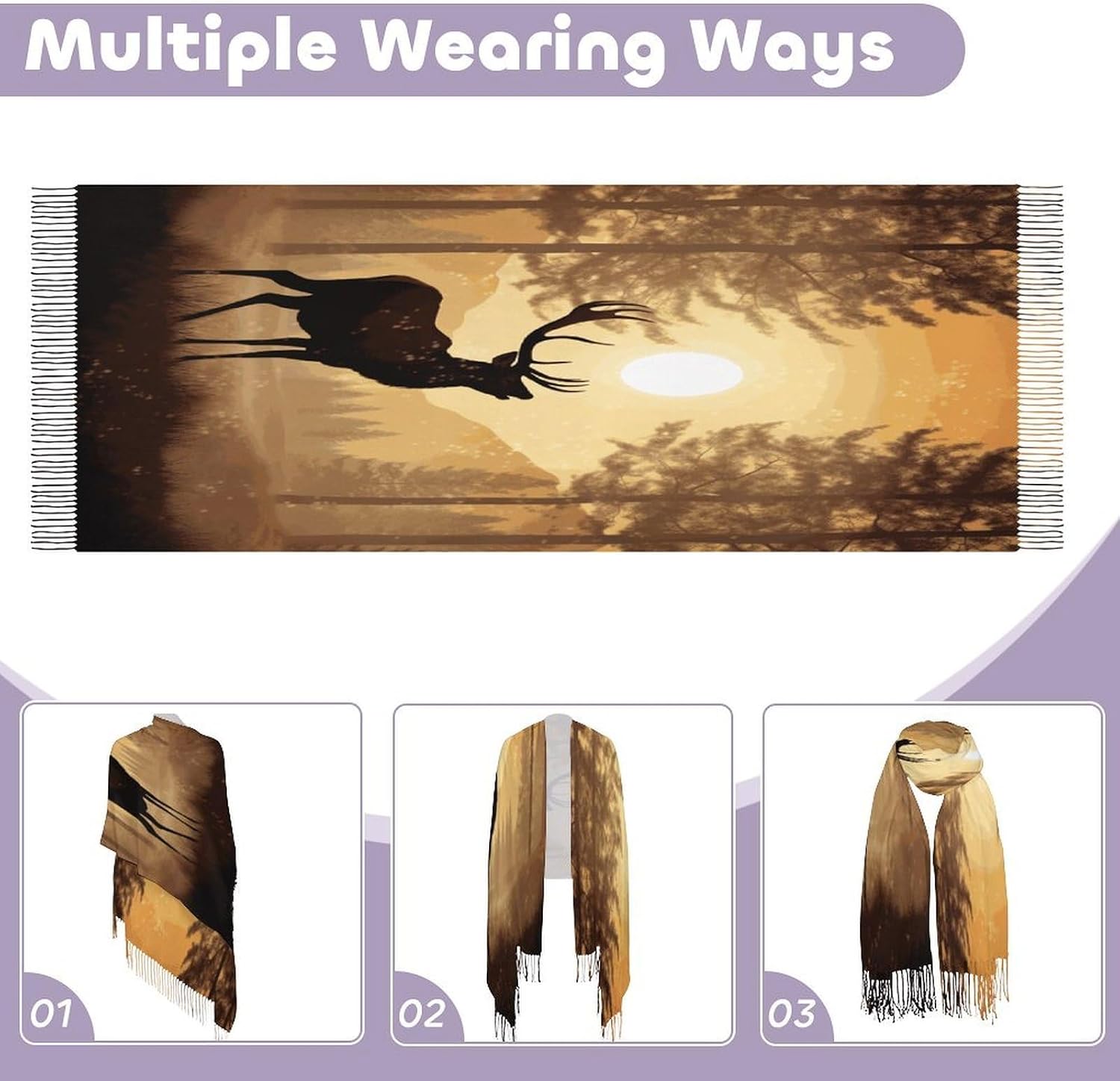 Elk Artwork Winter Scarf for Women Soft Tassel Scarves Oversized Wraps Long Shawl Cold Weather Thick Blanket Scarfs