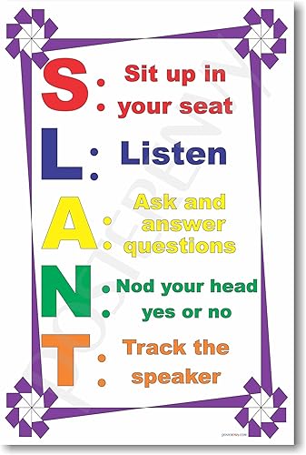 S.L.A.N.T 2 - Siéntate, escucha, pregunta, asiente y pista - NUEVO póster de gestión de aula