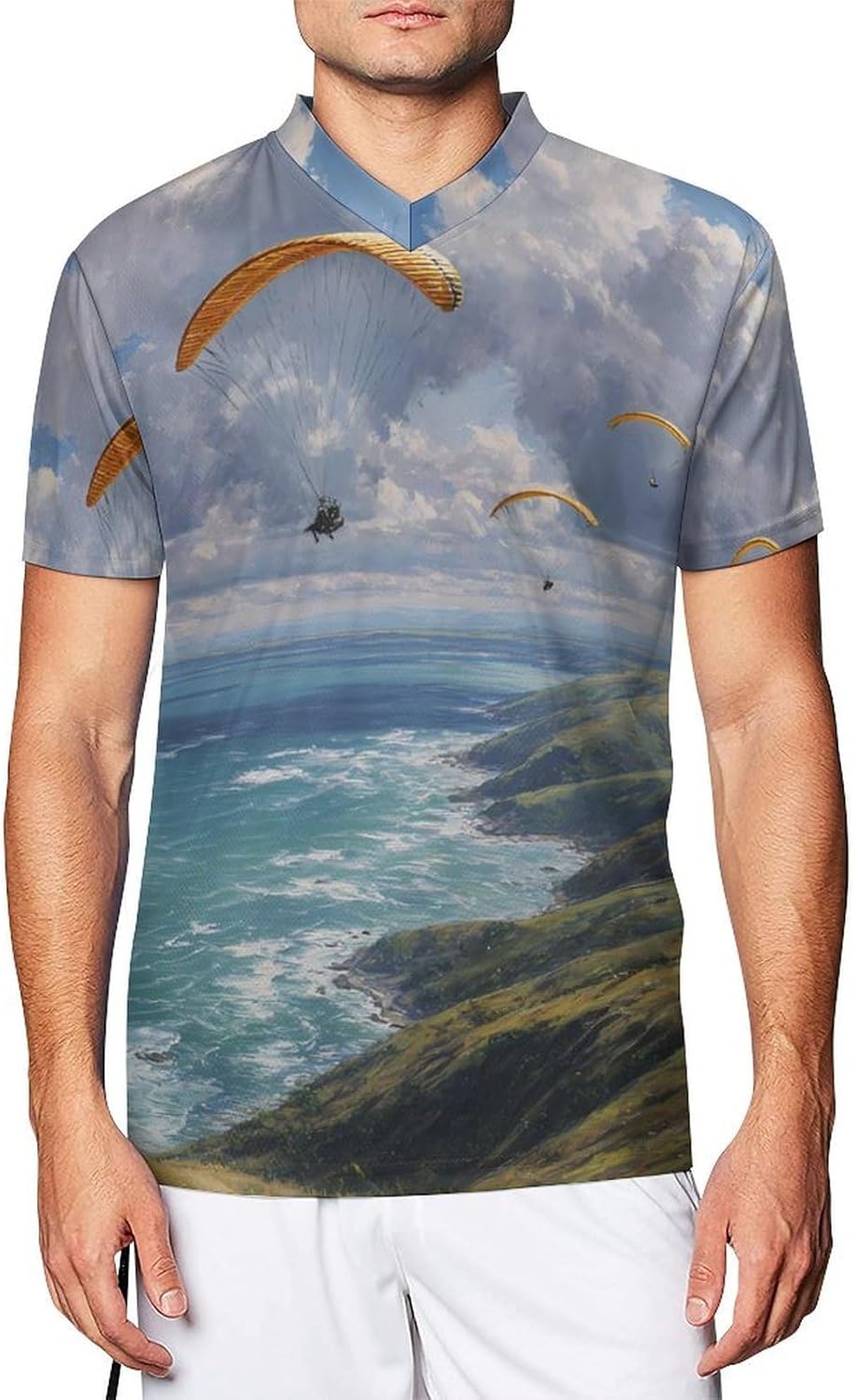 Paragliding Over Ocean Personalized Soccer Jersey Mens T-Shirts Sports Tops | Breathable Mesh Football Fan Custom Uniform Summer Short Sleeve V-neck