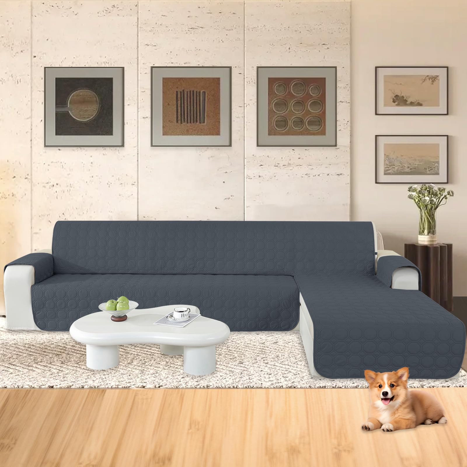 Ystyle Copridivano Impermeabile con Penisola 4 Posti (L 300 CM), Copridivano Angolare Destra/Sinistra Universale Reversibile, Copridivano Chaise Longue AntiGraffio Antimacchia, Grigio