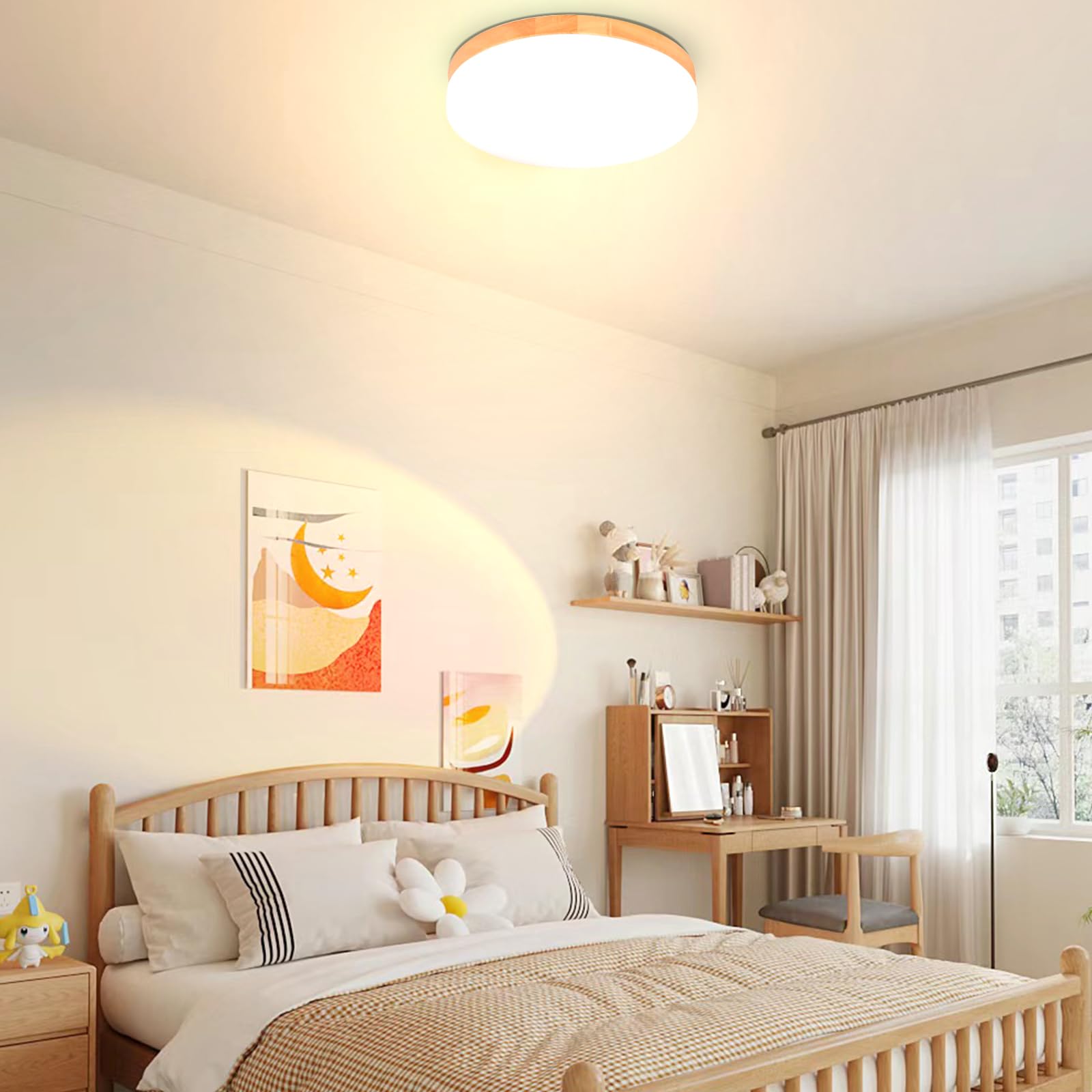 LIGKIN Modern LED Ceiling Light 18W 3000K Warm Light 1620LM Oak Wooden Ceiling Lamp diameter 26CM for Hallway Living Room Balcony Kitchen - Image 3