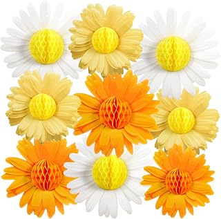Paper Jazz 9pcs Daisy Paper Flower Decorations, White Yellow Orange Honeycomb Hanging Decor, Spring Party Celling Sign Boho Happy Birthday Supplies for Garden Classroom Baby Shower Birthday Party