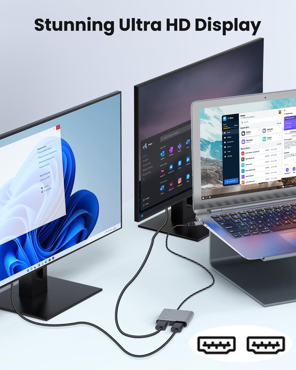 USB C to Dual HDTV Adapter, Grey 19.7in Braided Cable with 4K@60Hz with 100W PD, USB-A, Support C to 2 HD Splitter Extended Display for Type C Devices (MacOS only Mirrors Same Screen)