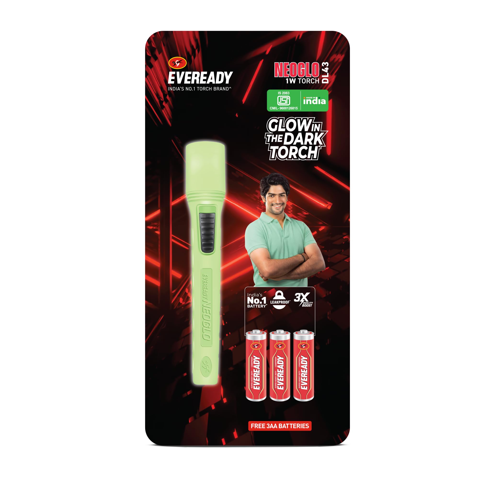Eveready DL43 Neoglo, 1W Emergency Torch, 1st Glow-in-The-Dark Flashlight, Durable ABS Phosphorescent Body, Bright White LED, Powered by 3xAA Batteries (Included)-image-41