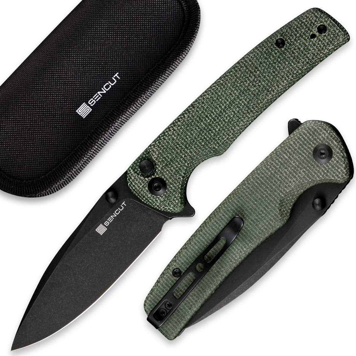 Sachse Pocket Knife Folding Knife for EDC, Green Micarta Handle 9Cr18MoV Blade Foldable Knife with Clip, Button Lock Everyday Carry Knife for Men Women Indoor Outdoor Gift S21007-2
