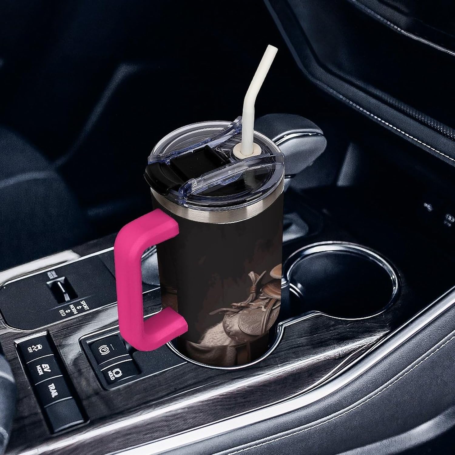 Horse Saddle with A Cowboy Hat Travel Coffee Mug Reusable Durable Stainless Steel Insulated Tumbler with Handle And Straw Leak Resistant Portable Thermal Cup Gifts for Men Women 40 Oz