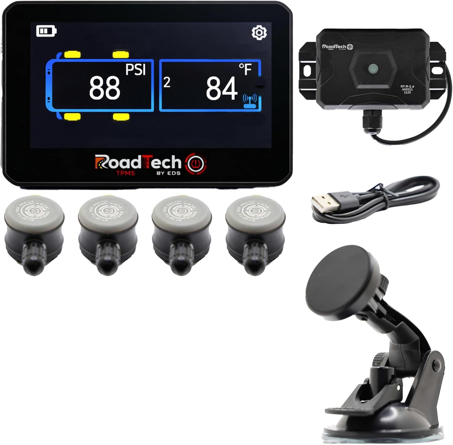 RoadTech TPMS Kit 4 Flow Through - Tire Pressure Monitoring System for RVs, Trailers & Tow Vehicles, Real-Time Pressure & Temperature Alerts, Easy Install, Color Display