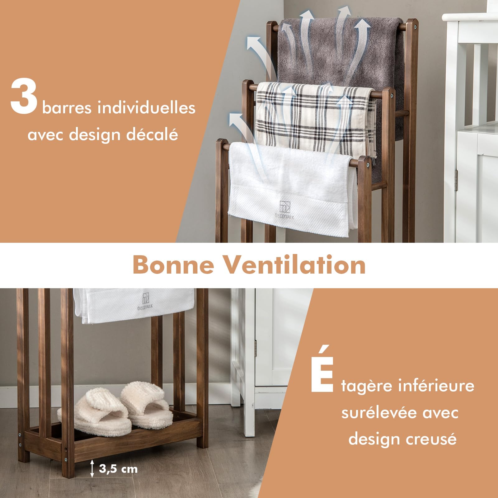 COSTWAY Porte-Serviettes sur Pied en Bois, 3 Barres et Étagère de Rangement Inférieure, Dispositif Anti-Renversement, Support Serviette pour Salle de Bain, Buanderie, 22 x 45 x 86 cm, Marron