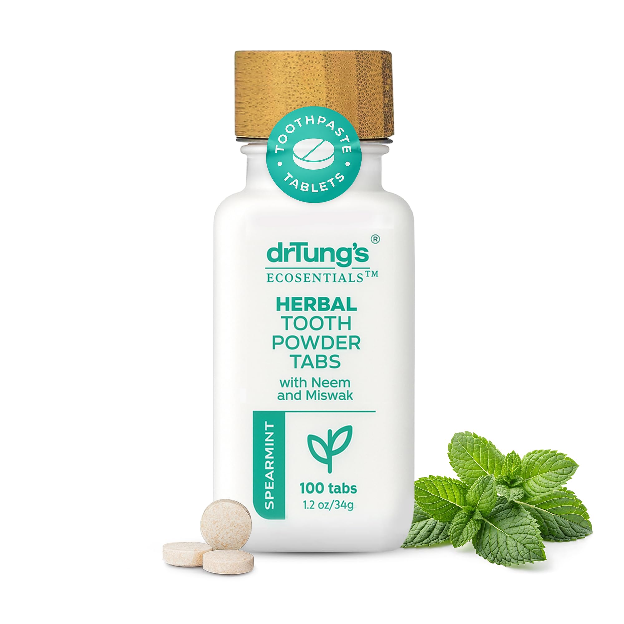 drTung's Herbal Toothpaste Tablets - Toothpaste Tabs for Dry Mouth Relief, Natural Tooth Powder Tablets for Fresh Breath, Fluoride Free, Travel Size, Vegan, Non-GMO - Spearmint (100 Tabs) Spearmint 100 Count (Pack of 1)