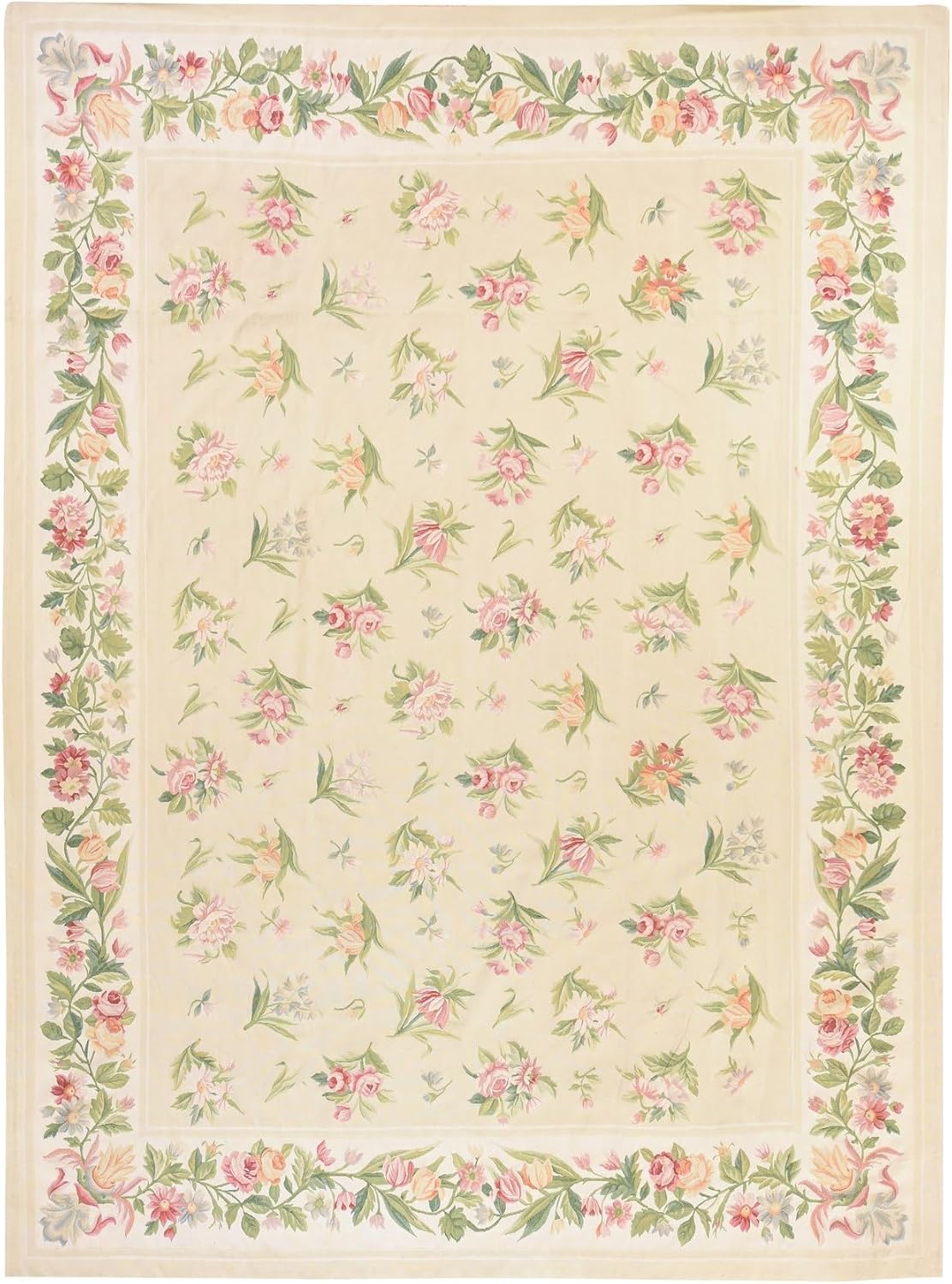 Hand Woven Aubusson Rug, Oyster White, 100% Wool, Botanical Floral Design, 8'9" x 12'